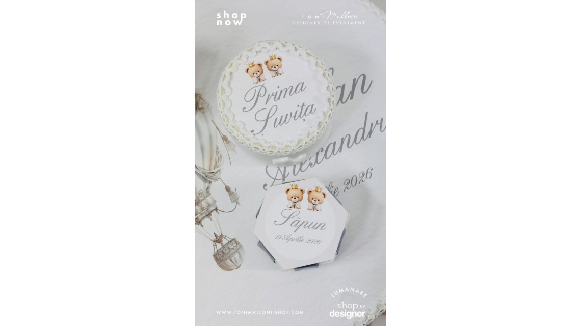 Trusou botez cu balon de aer cald baroc alb și ursuleți 9